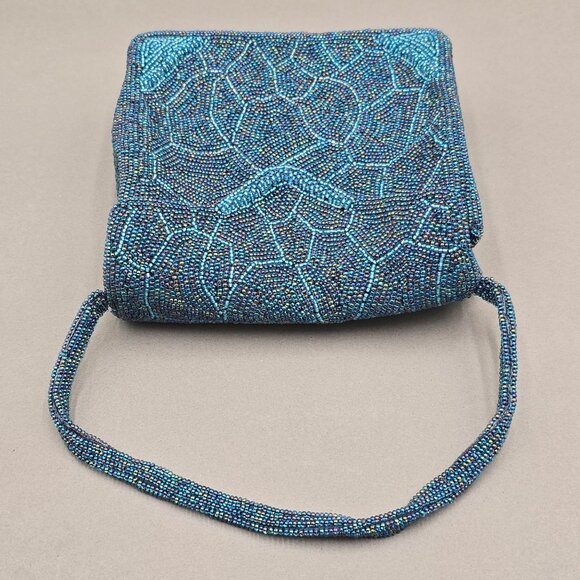 VTG Beaded Purse Made in Japan Blue Mosaic Iridescent Evening Bag Top Handle 60s - Picture 4 of 14